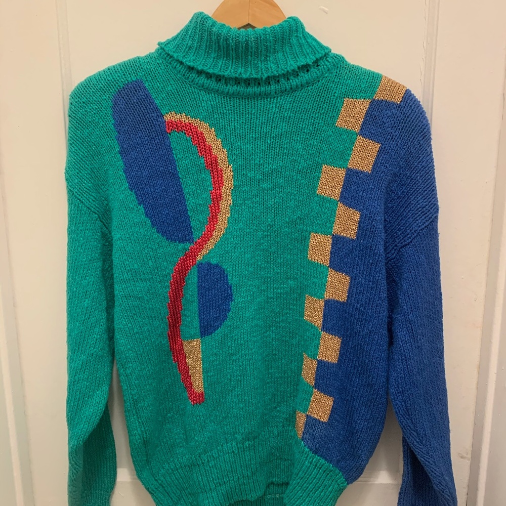 Vintage LizSport Oversized Knit Turtleneck Sweater Blue Two Toned